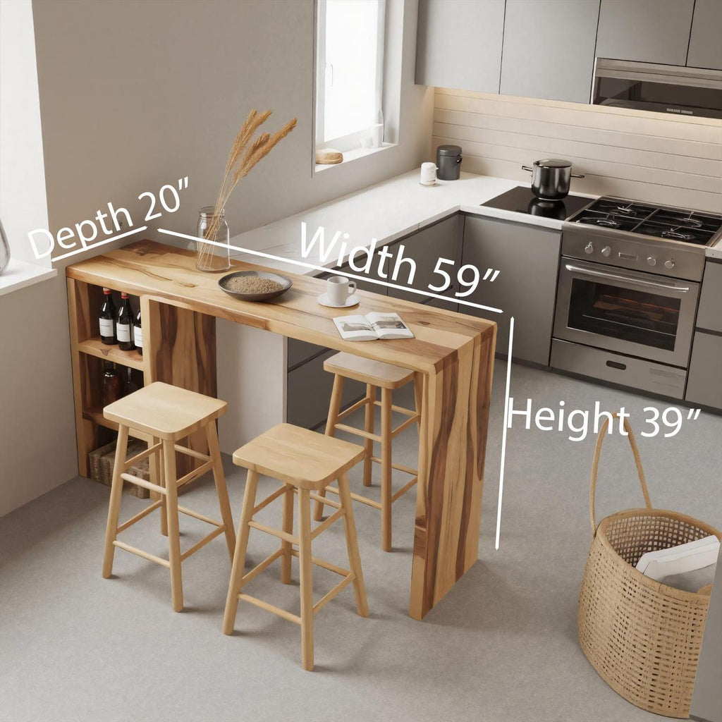 Minimalist Breakfast Bar Table with Stools, Solid Wood Pub Dining Table Set for Small Kitchens, Studios
