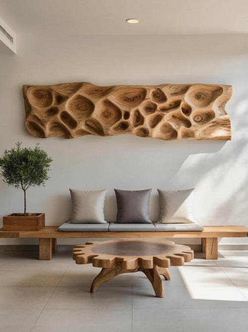 Artistic Carved Wood Wall Art, 3D Organic Textured Abstract Wooden Panel for Entryway & Living Room Decor