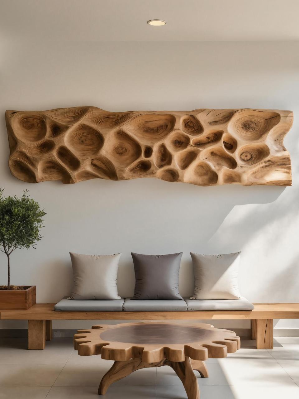 Artistic Carved Wood Wall Art, 3D Organic Textured Abstract Wooden Panel for Entryway & Living Room Decor