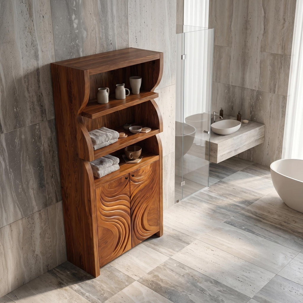 Rustic Organic Bathroom Cabinet, Hand Carved Wooden Doors & Open Shelves Storage Floor Cabinet