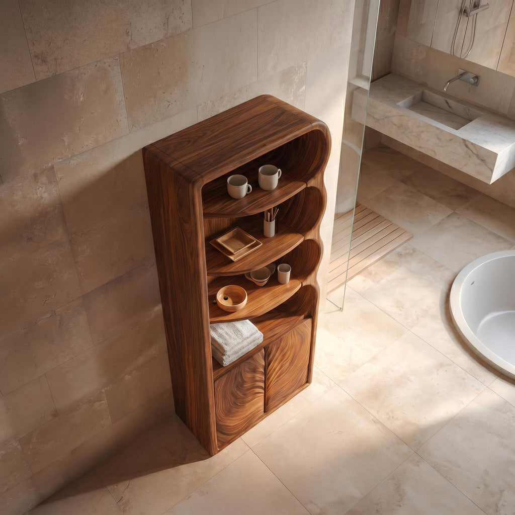 Modern Organic Bathroom Cabinet, Curved Shelves & Carved Wooden Doors Standing Storage Unit