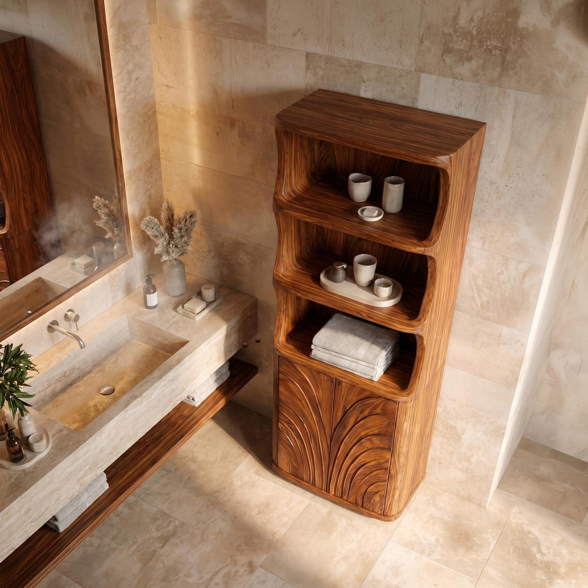Organic Wood Bathroom Cabinet, Curved Open Shelves & Hand Carved Doors Storage Floor Cabinet