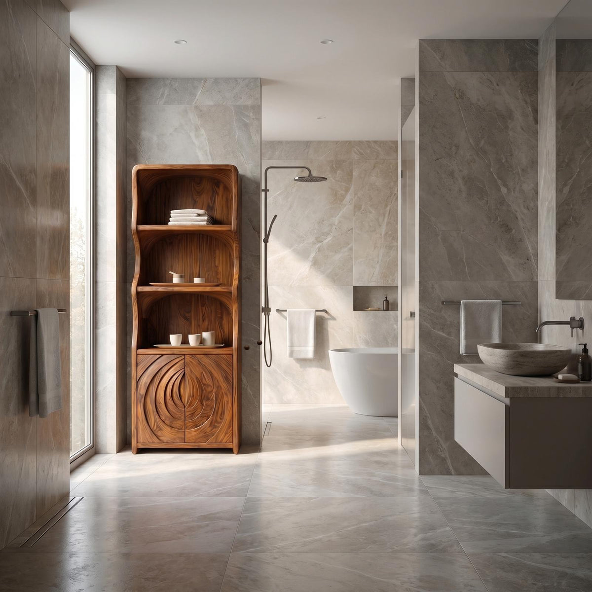 Contemporary Minimalist Bathroom Cabinet, Curved Shelves & Wooden Door Standing Storage Unit