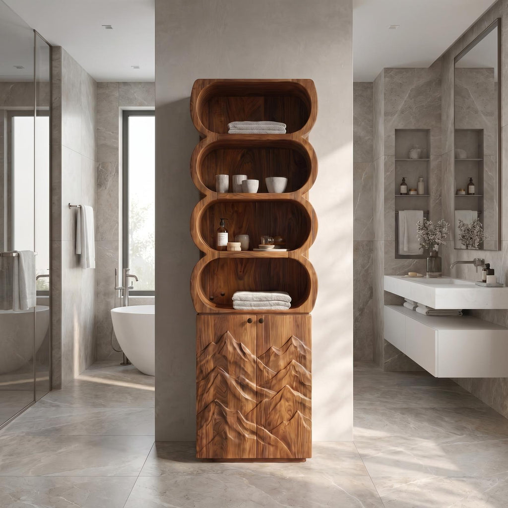 Minimalist Wood Bathroom Cabinet, Rounded Shelves & Sculptural Carved Door Storage Cabinet