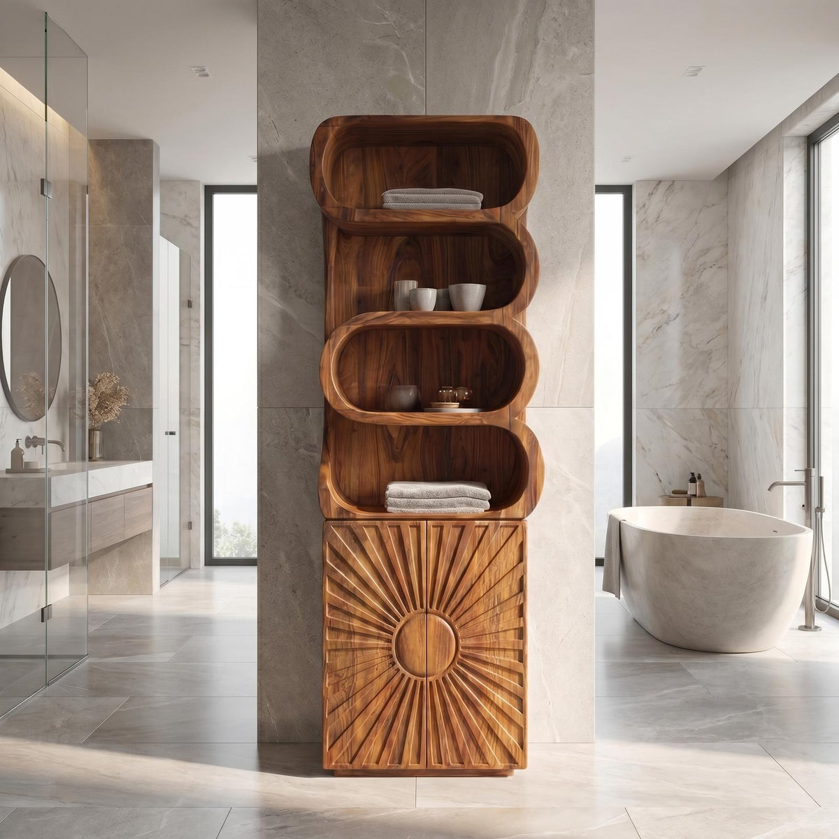 Organic Wood Bathroom Cabinet, Open Shelving & Sculptured Hand Carved Door Storage Cabinet