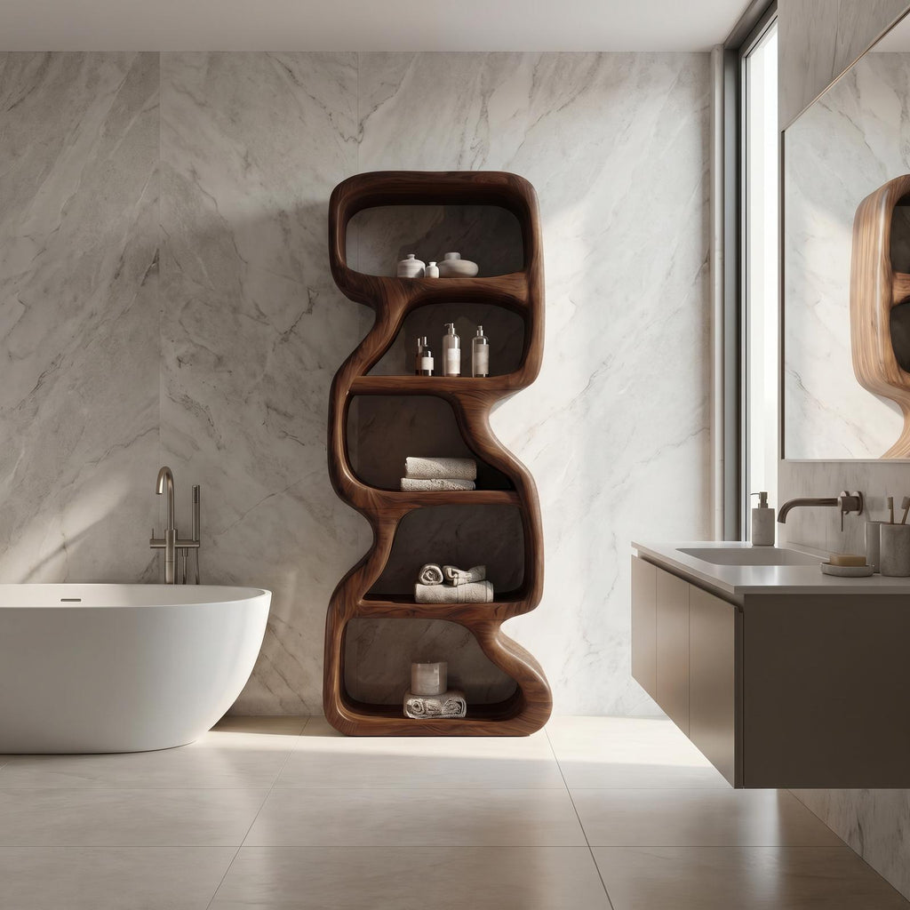 Wooden Bathroom Storage Cabinet, Handcrafted Standing Floor Organizer with Open Shelves