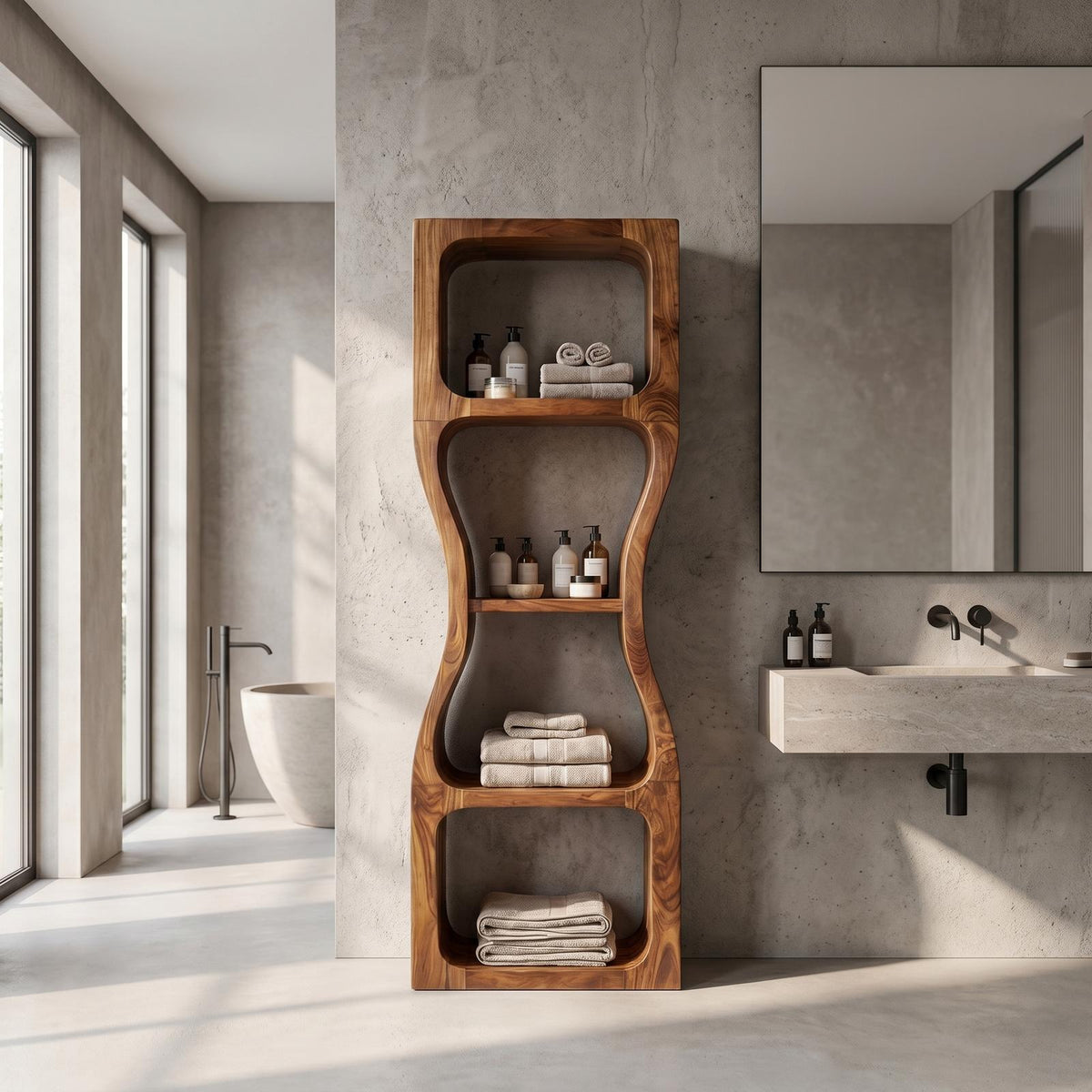 Rustic Modern Bathroom Cabinet, Sculptural Wave Design Wood Storage Cabinet with Open Shelves
