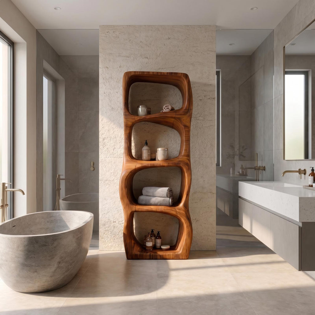Modern Organic Bathroom Cabinet, Rounded Sculptural Shelves & Open Storage Standing Wood Cabinet