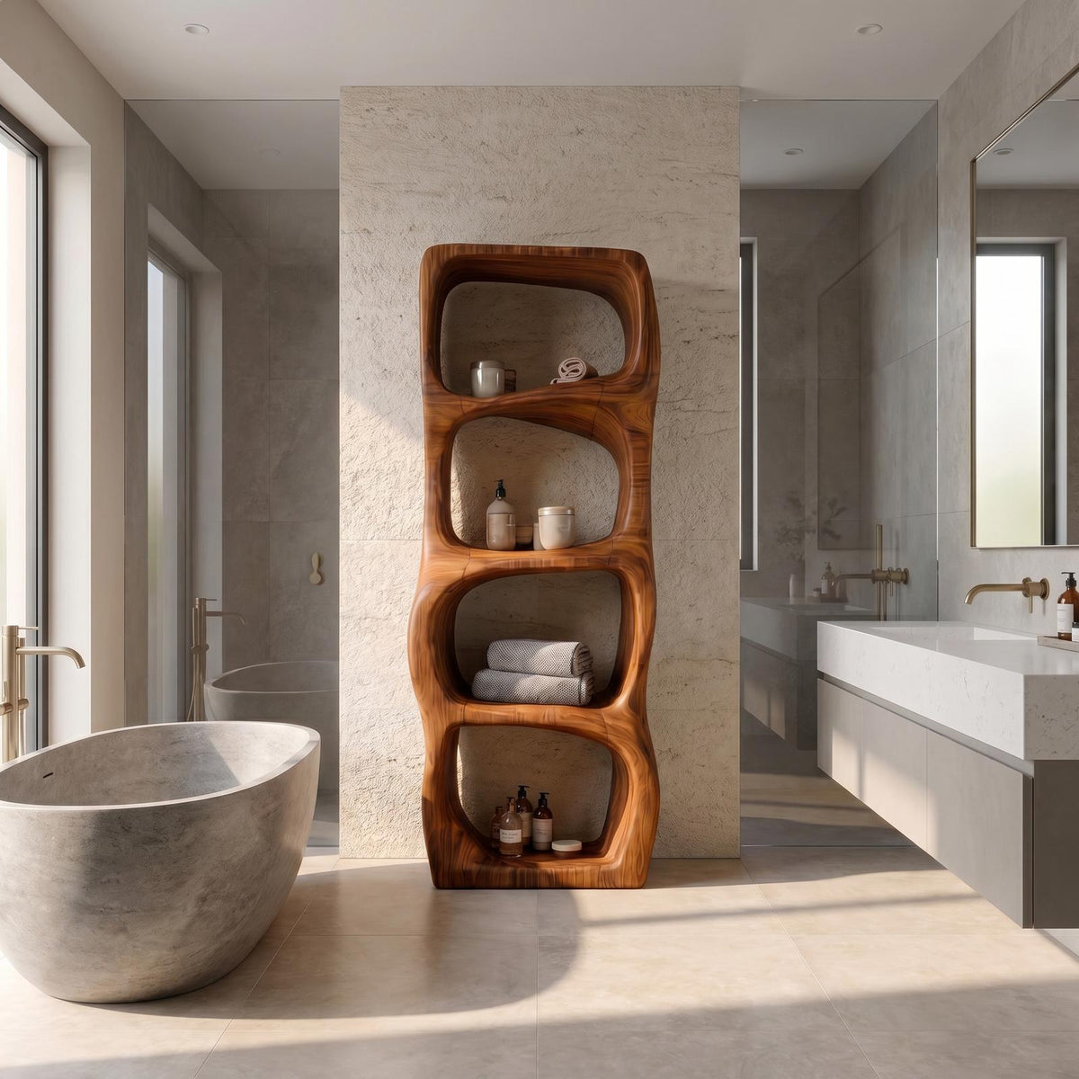 Modern Organic Bathroom Cabinet, Rounded Sculptural Shelves & Open Storage Standing Wood Cabinet