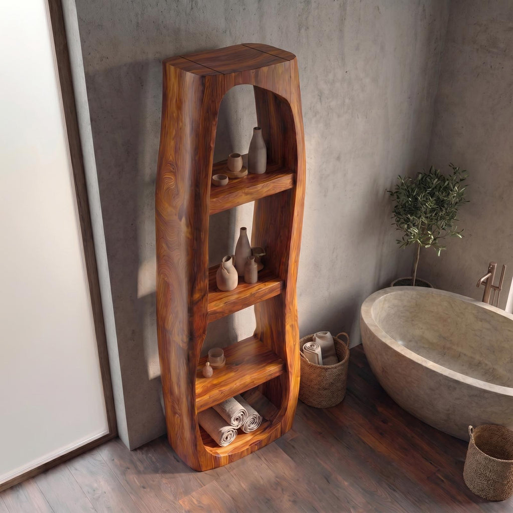 Minimalist Wood Bathroom Cabinet, Curved Arched Floor Storage Cabinet with Shelves & Door