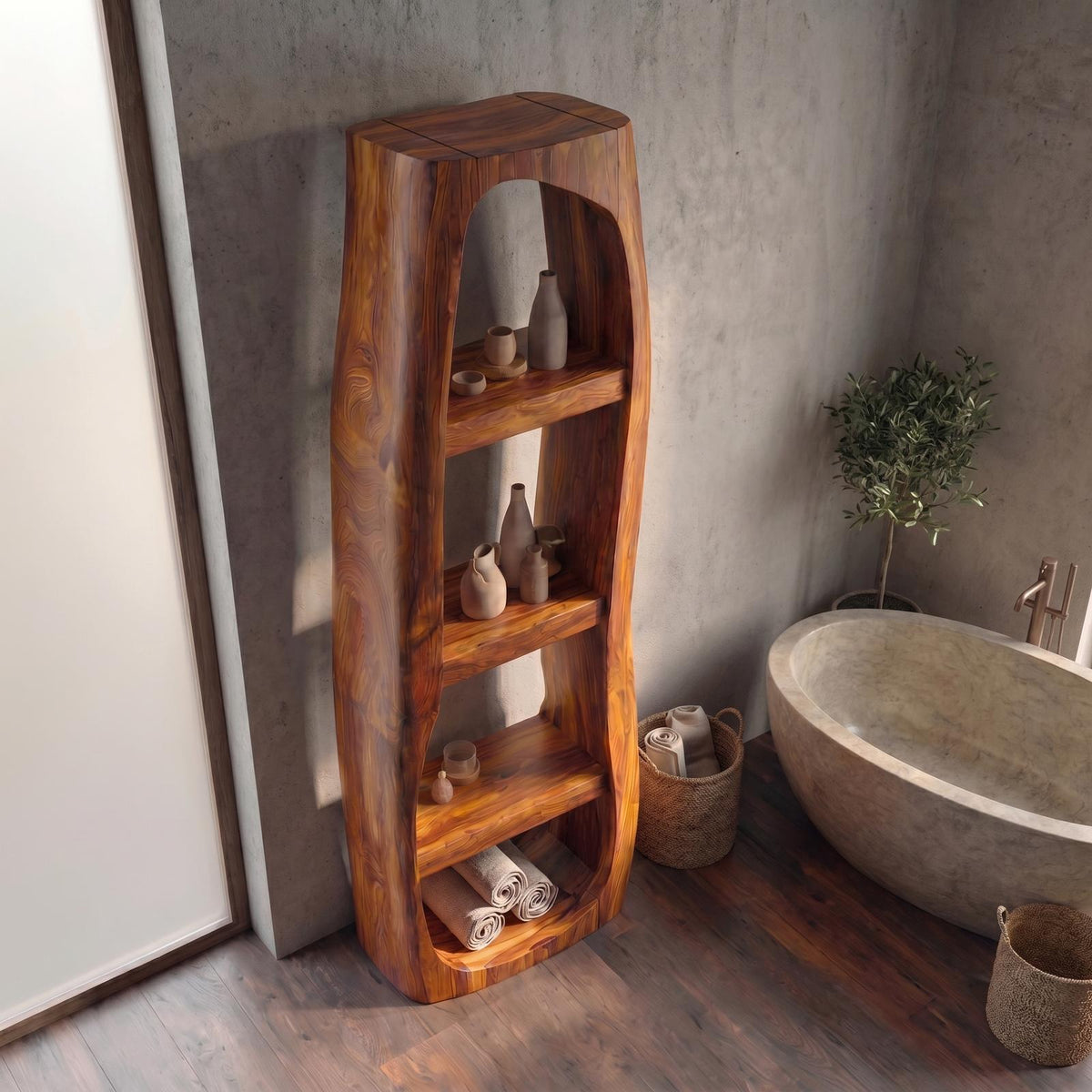 Minimalist Wood Bathroom Cabinet, Curved Arched Floor Storage Cabinet with Shelves & Door