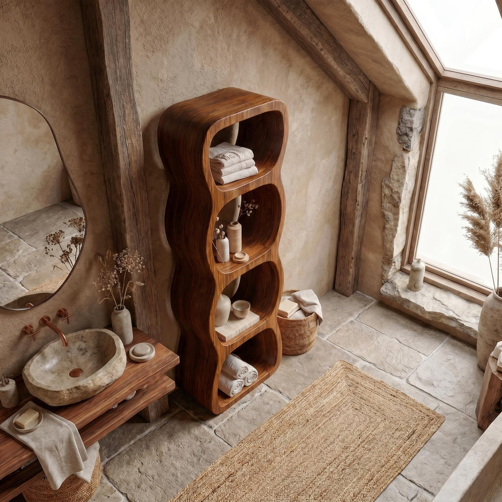 Rustic Bathroom Cabinet With Curved Wave Shape Design