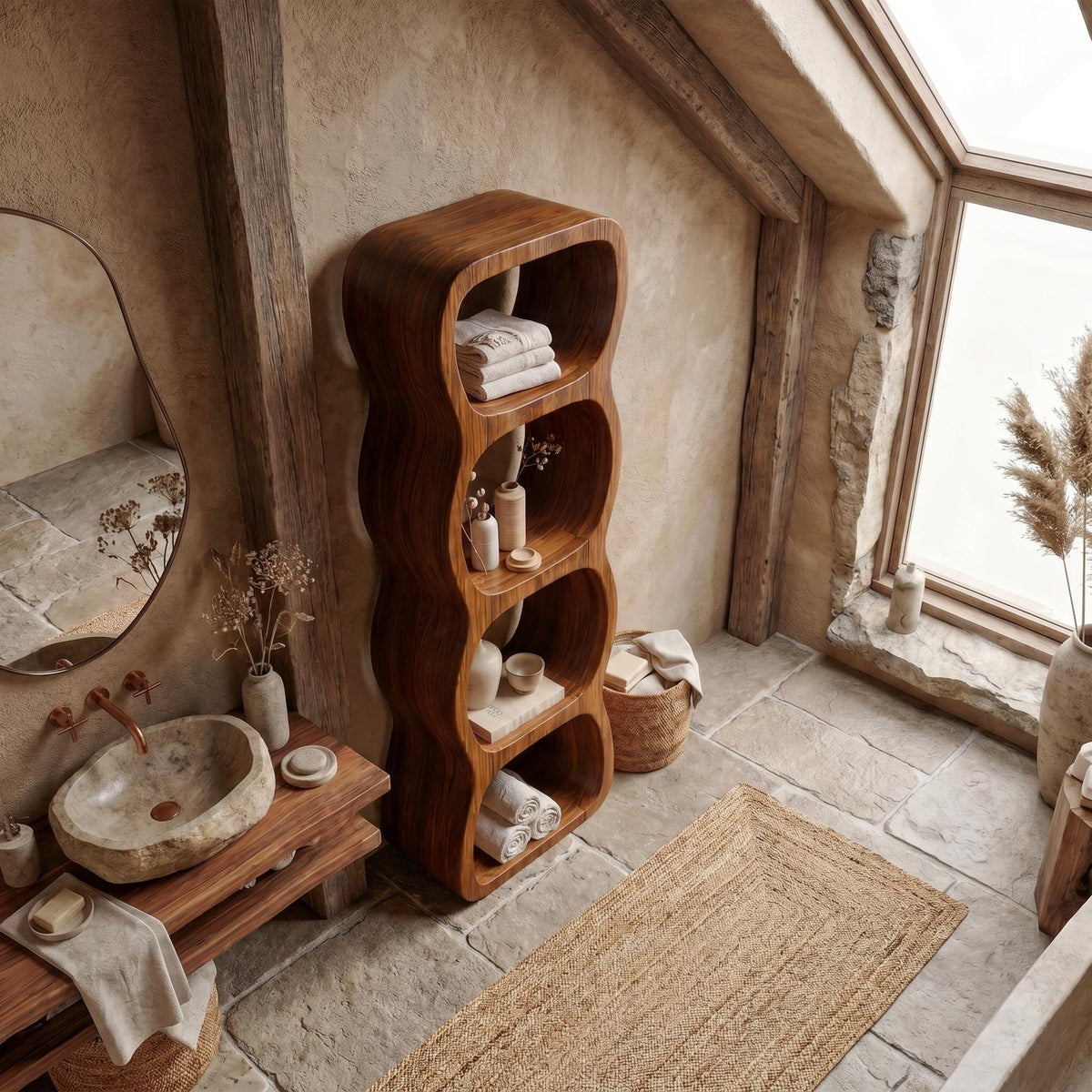 Rustic Bathroom Cabinet With Curved Wave Shape Design
