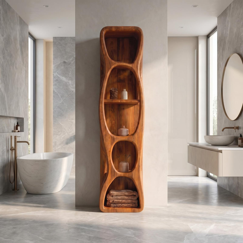 Sculptural Wood Bathroom Cabinet, Hollow Cut Out Design Vanity Storage Unit with Open Shelving