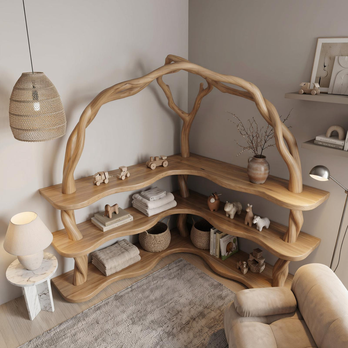 Organic Corner Bookcase with Natural Tree Branch Frame, Solid Wood Bookshelf for Living Room & Bedroom