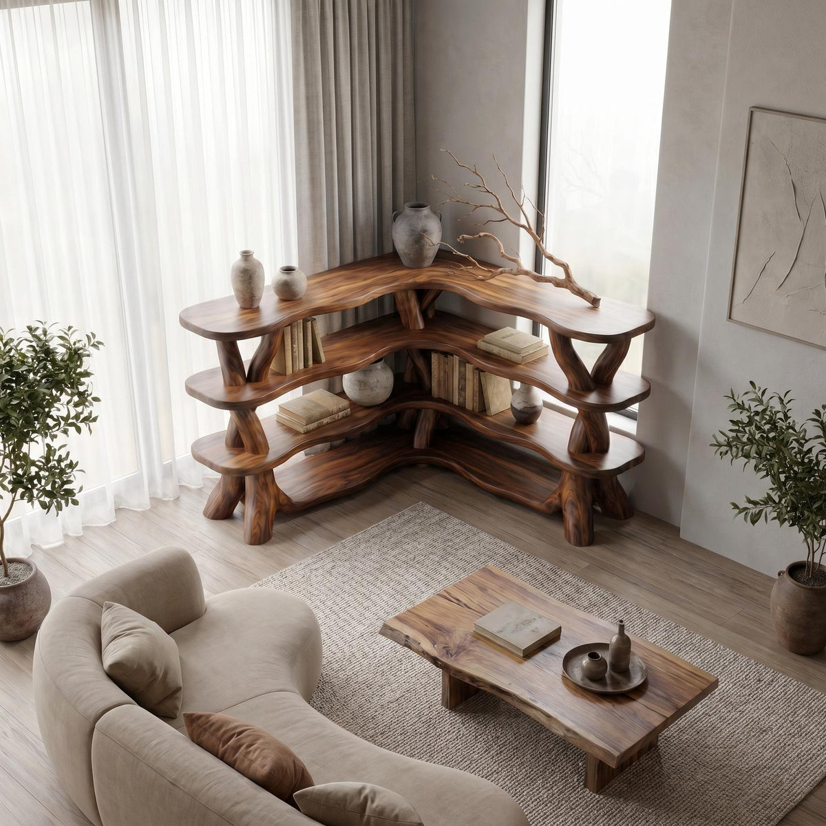 Spry Interior Rustic Organic Corner Bookshelf, Unique Tree Branch Wooden Bookcase for Living Room and Bedroom, SINLSABS017