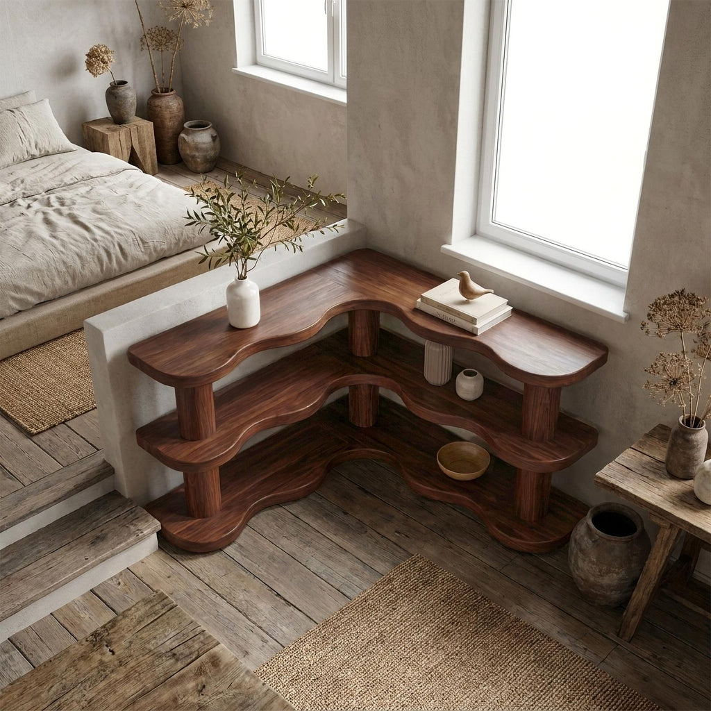 Rustic Modern Corner Bookshelf, Multi-Tier Solid Wood Bookcase Display for Living Room & Bedroom