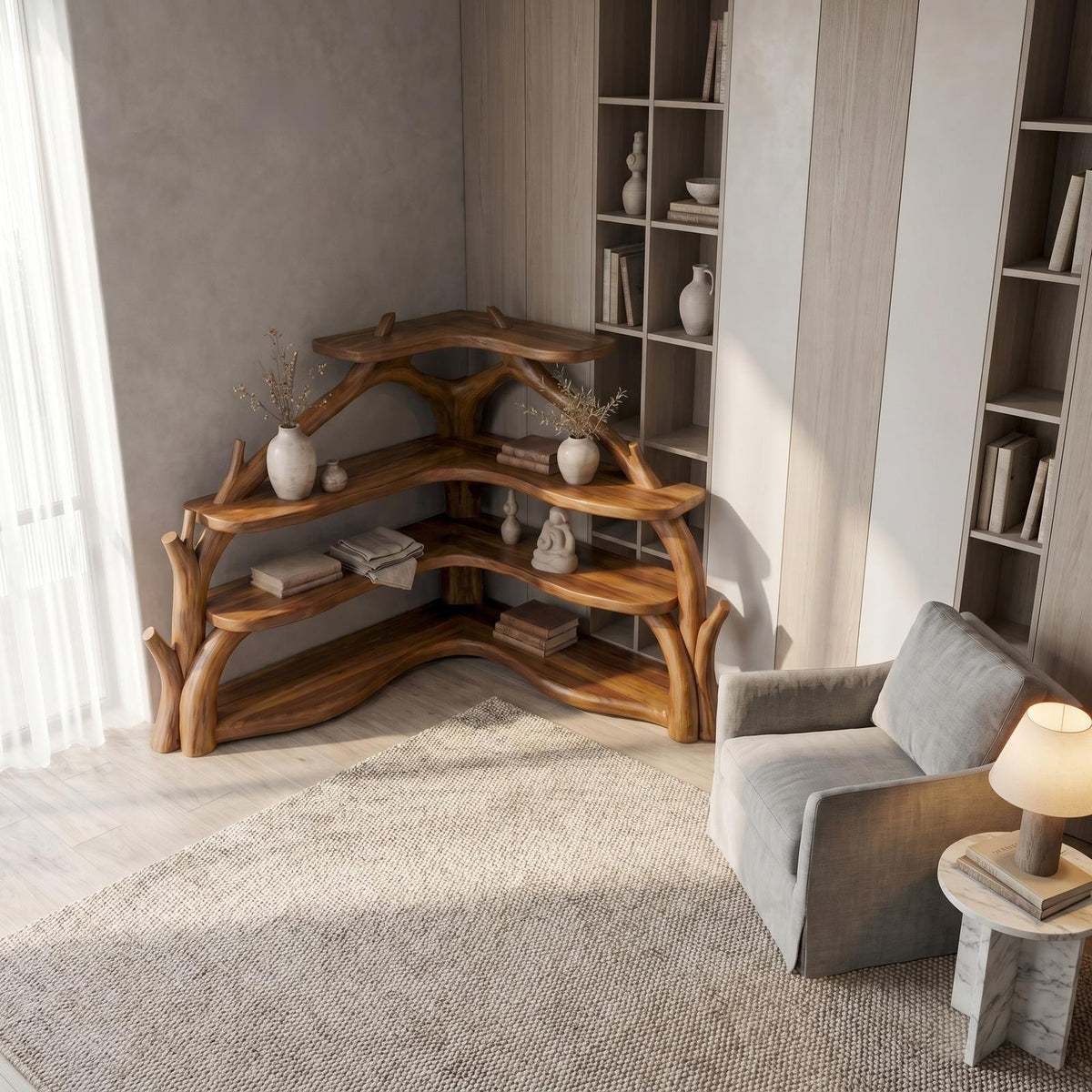 Spry Interior Sculptural Corner Bookcase with Natural Wood Branch Design, Unique Bookshelf Display for Living Room, SINLSABS015