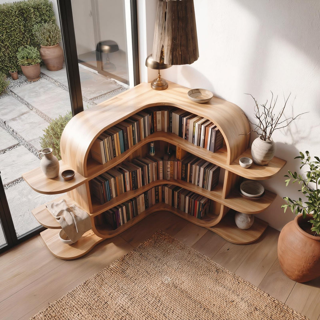 Scandinavian Arched Corner Bookshelf, Multi-Tier Wooden Bookcase Display for Living Room & Bedroom
