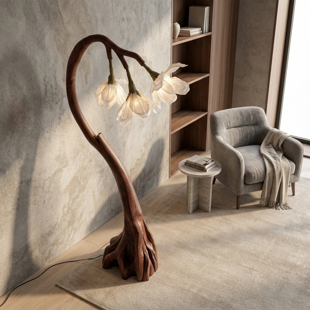 Floral Floor Lamp with Organic Wood Base, Handcrafted Flower Shape Tall Standing Reading Light for Cozy Living Room