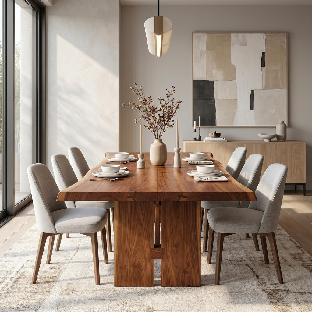 Sculptural Wood Dining Table with Chunky Pedestal Base, Round Solid Wood Kitchen Table for Dining Room