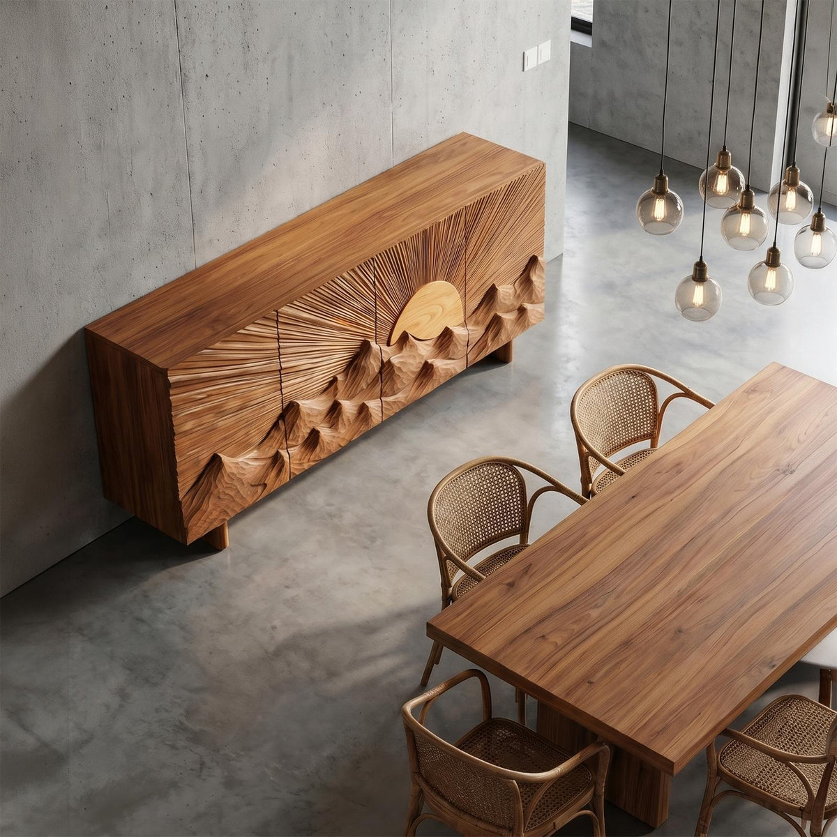 Contemporary Landscape Sideboard with Sculptural Carved Wood Doors, Artistic Living Room Buffet Credenza