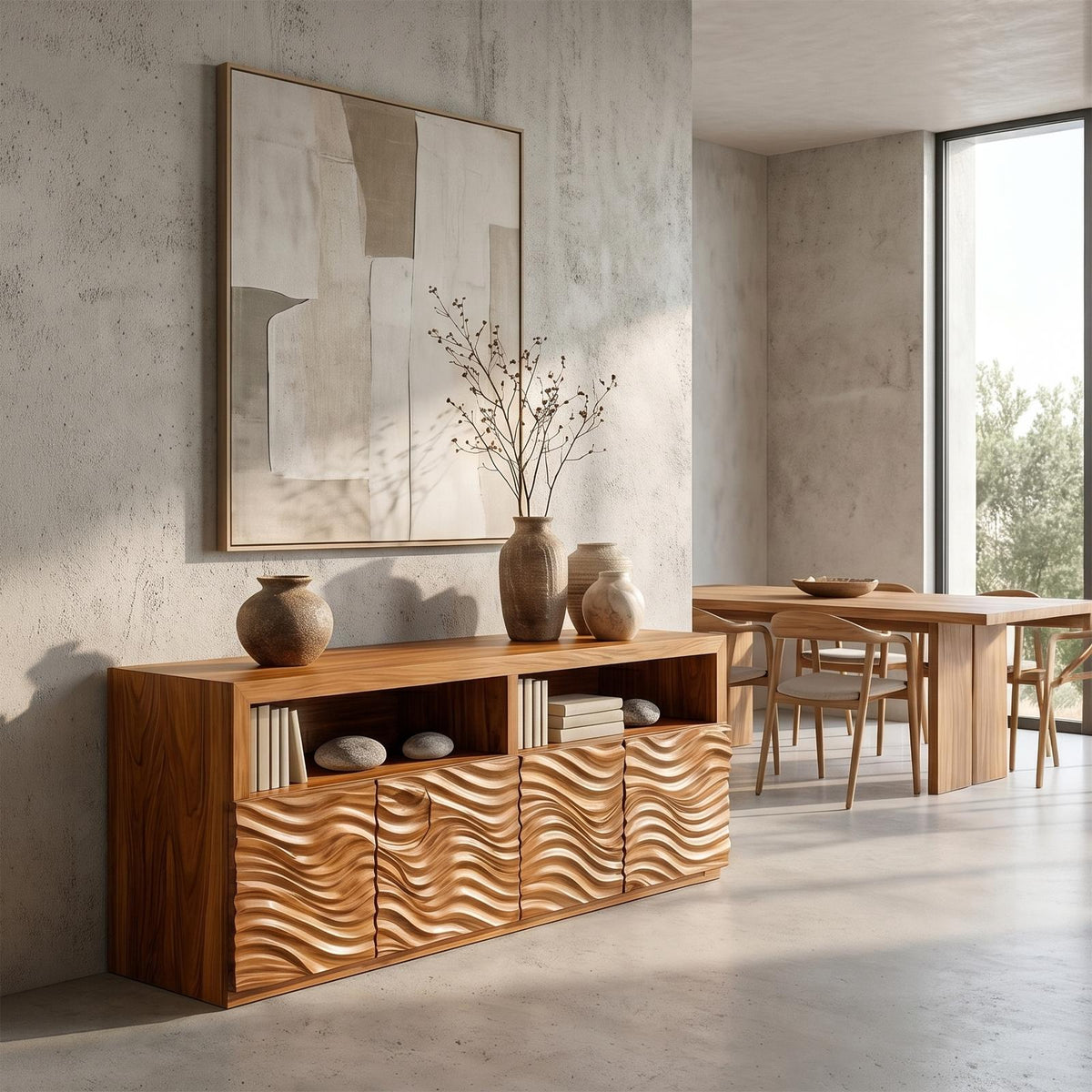 Contemporary Sideboard with Geometric Carved Wood Doors & Functional Storage Cabinet, Living Room Credenza