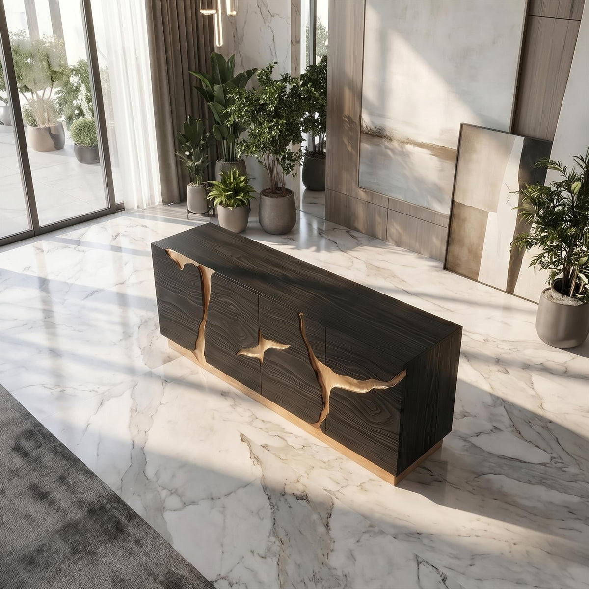 Spry Interior Organic Sideboard with Charred Wood Doors & Natural Live Edge Inlay, Shou Sugi Ban Buffet Credenza Console - SINLSASC529