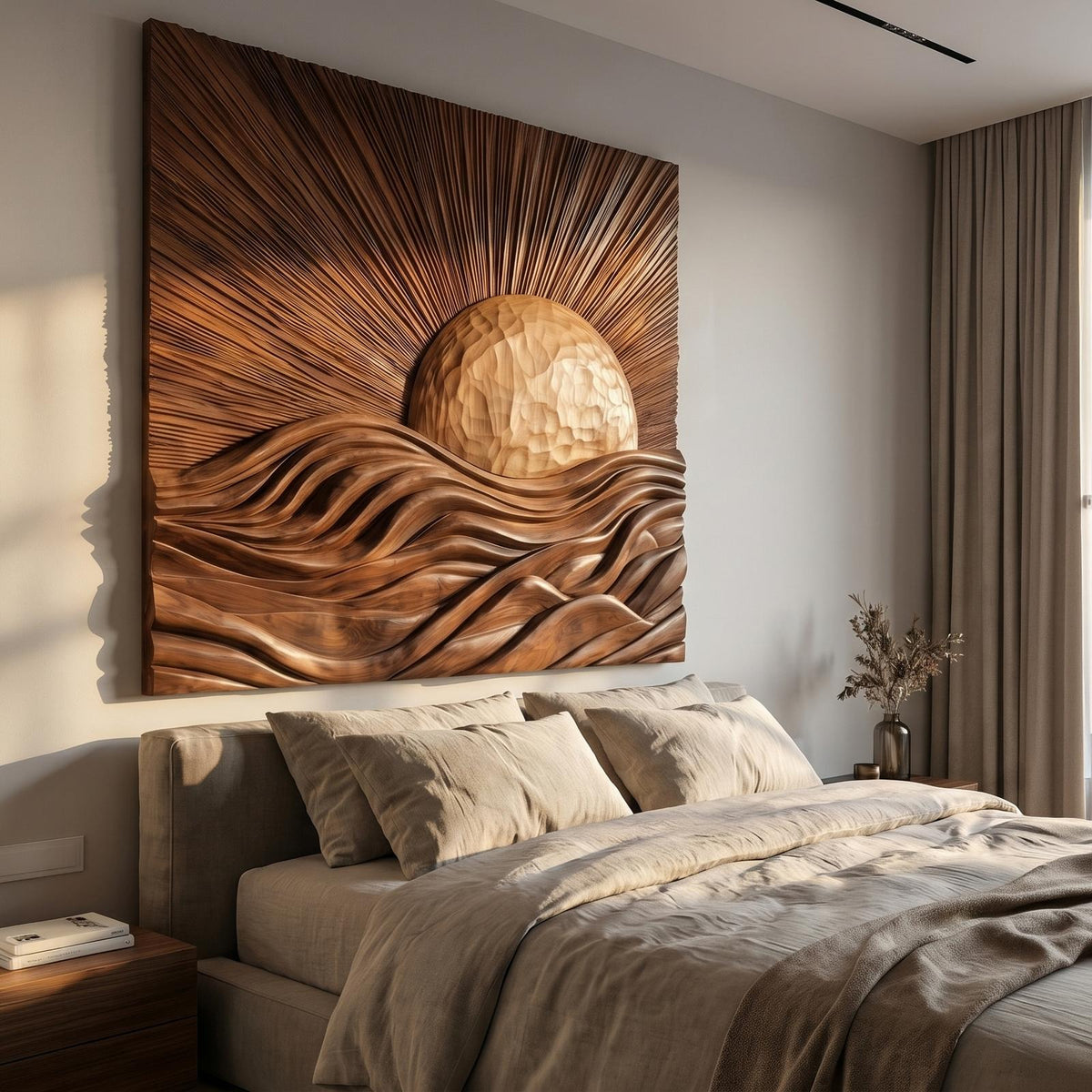 Organic Sunrise Wooden Wall Art Panel, Sunburst Carved Relief Wood Sign Decor for Living Room, Entryway