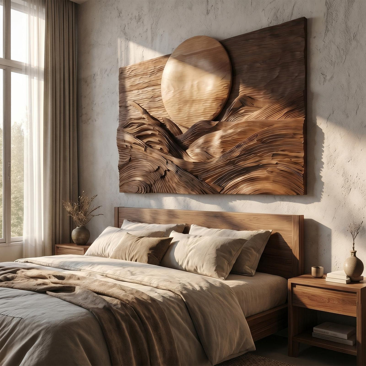 Rustic Mountain Sunrise Wooden Wall Art, 3D Carved Wood Landscape Scene Decor for Bedroom & Living Room