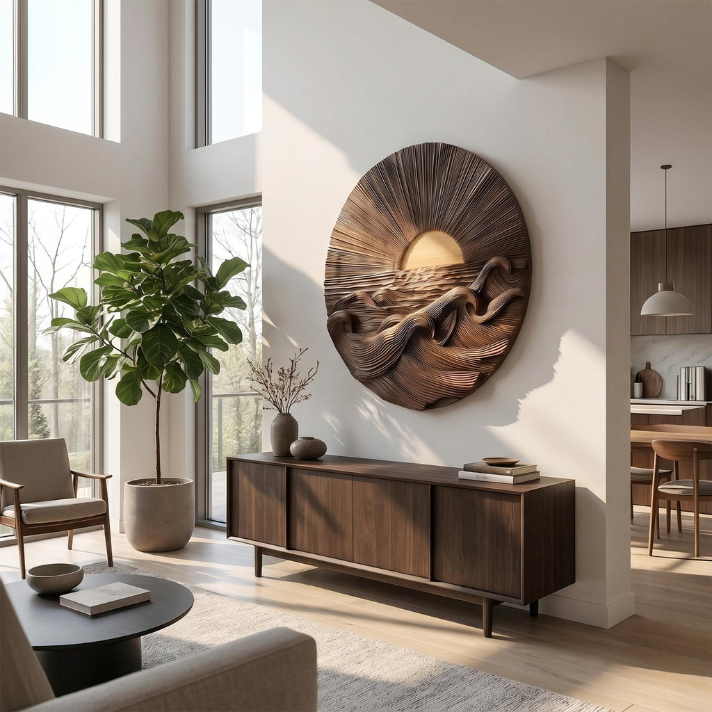 Organic Sunrise Wooden Wall Art, Carved Landscape Sunburst Panel Decor for Living Room, Entryway