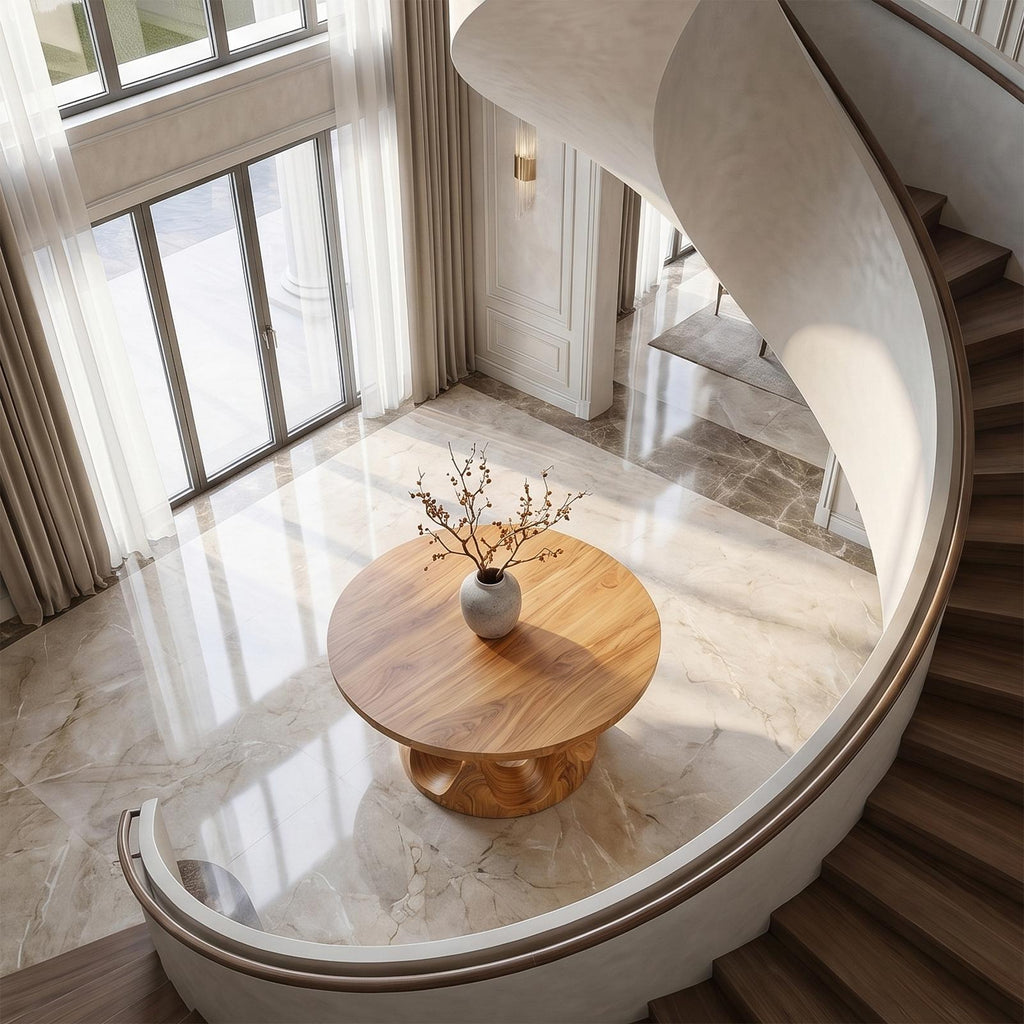 Organic Round Foyer Table, Sculptural Dual Ring Pedestal Entryway & Hallway Console Table