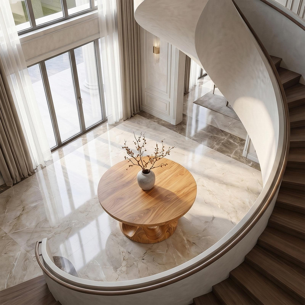 Organic Round Foyer Table, Sculptural Dual Ring Pedestal Entryway & Hallway Console Table