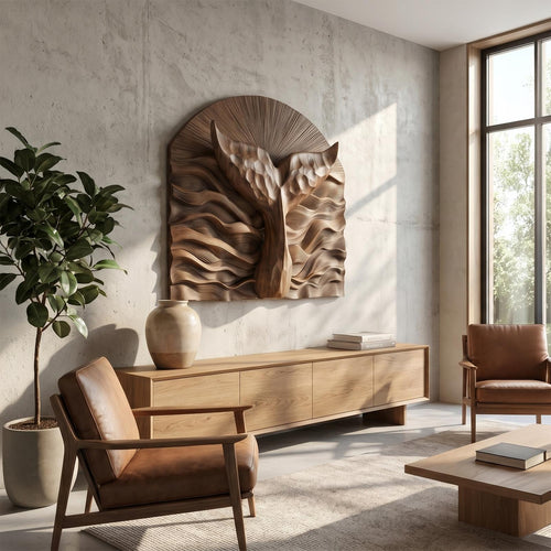 Abstract Wall Art, Sculptural 3D Relief Carved Wood Panel Decor for Contemporary Living Room & Entryway