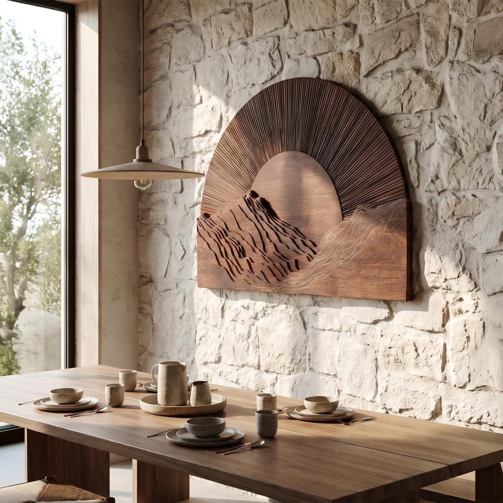 Half Moon Wall Art, Sunburst Carved Wood Panel Decor for Modern Living Room, Hallway and Entryway