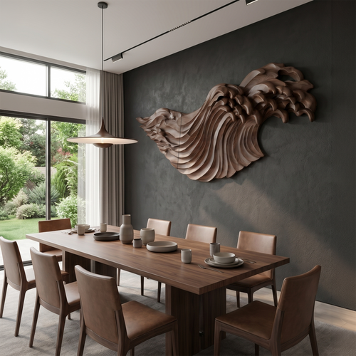 Abstract Ocean Wave Wooden Wall Art, Handcrafted Sculptural Flowing Wood Panel Decor for Living Room