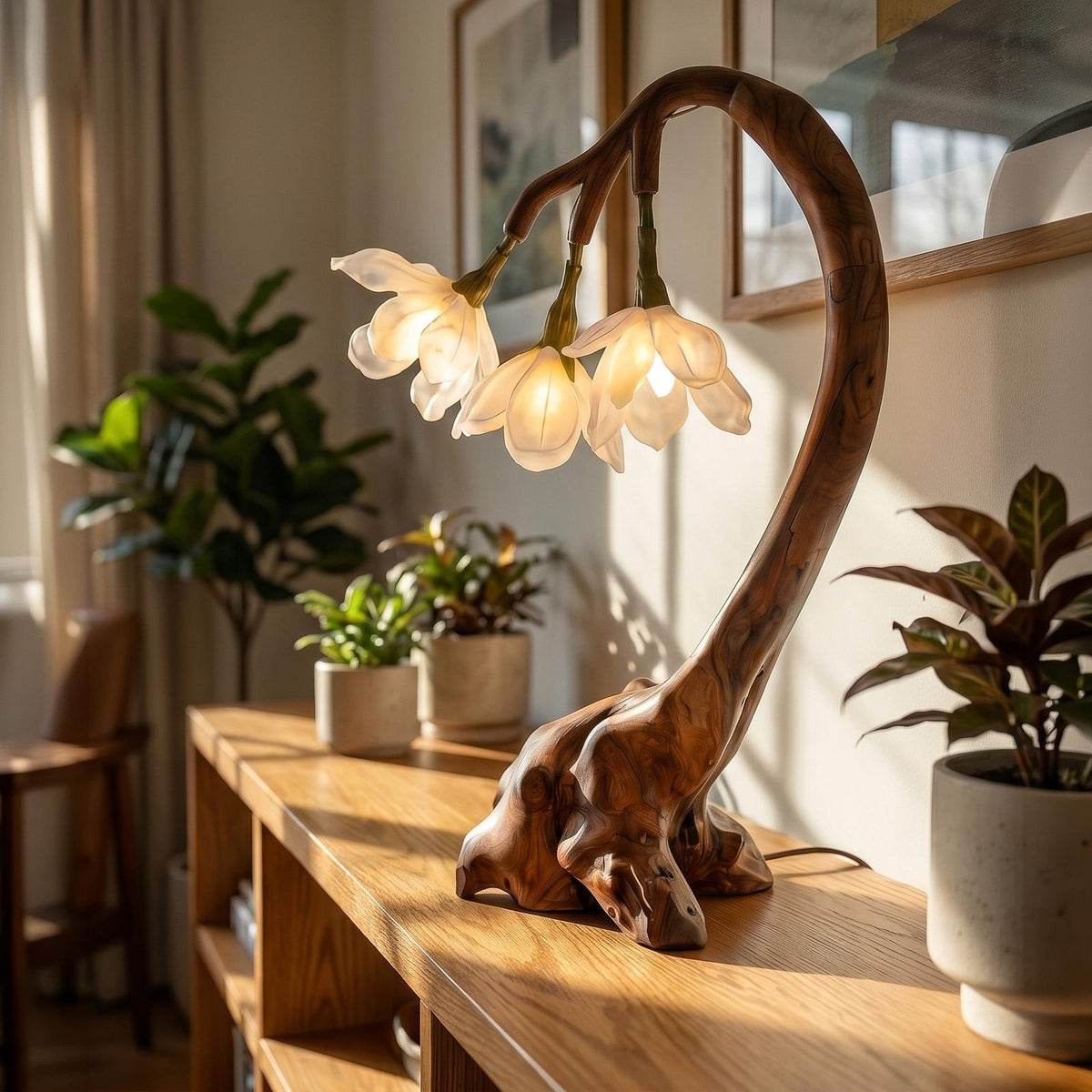 Organic Flower Table Lamp, Sculptural Solid Wood Base Bedside Reading Light for Living Room & Bedroom