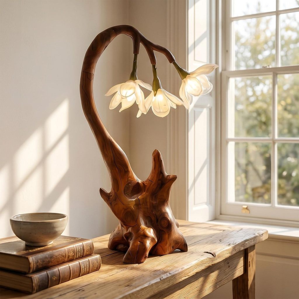 Modern Floral Table Lamp With Sculptural Wood Base For Living Room