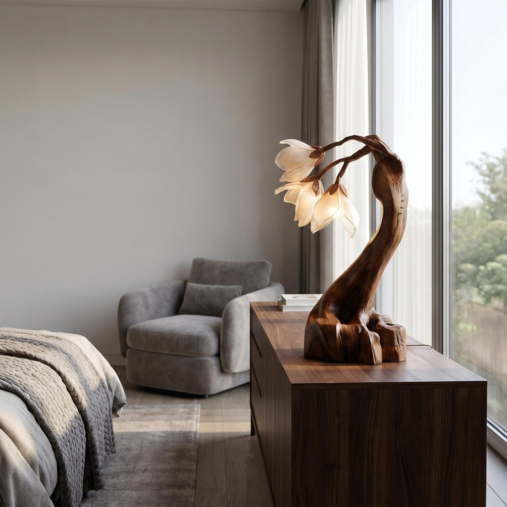 Organic Floral Table Lamp, Handcrafted Sculptural Solid Wood Base Accent Light for Bedroom & Living Room Nightstand