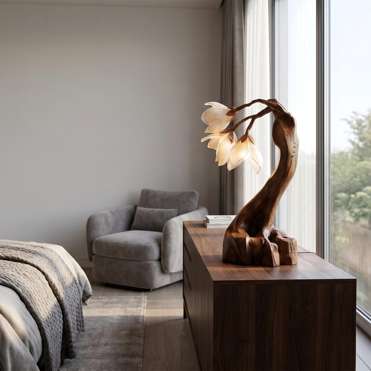 Organic Floral Table Lamp, Handcrafted Sculptural Solid Wood Base Accent Light for Bedroom & Living Room Nightstand
