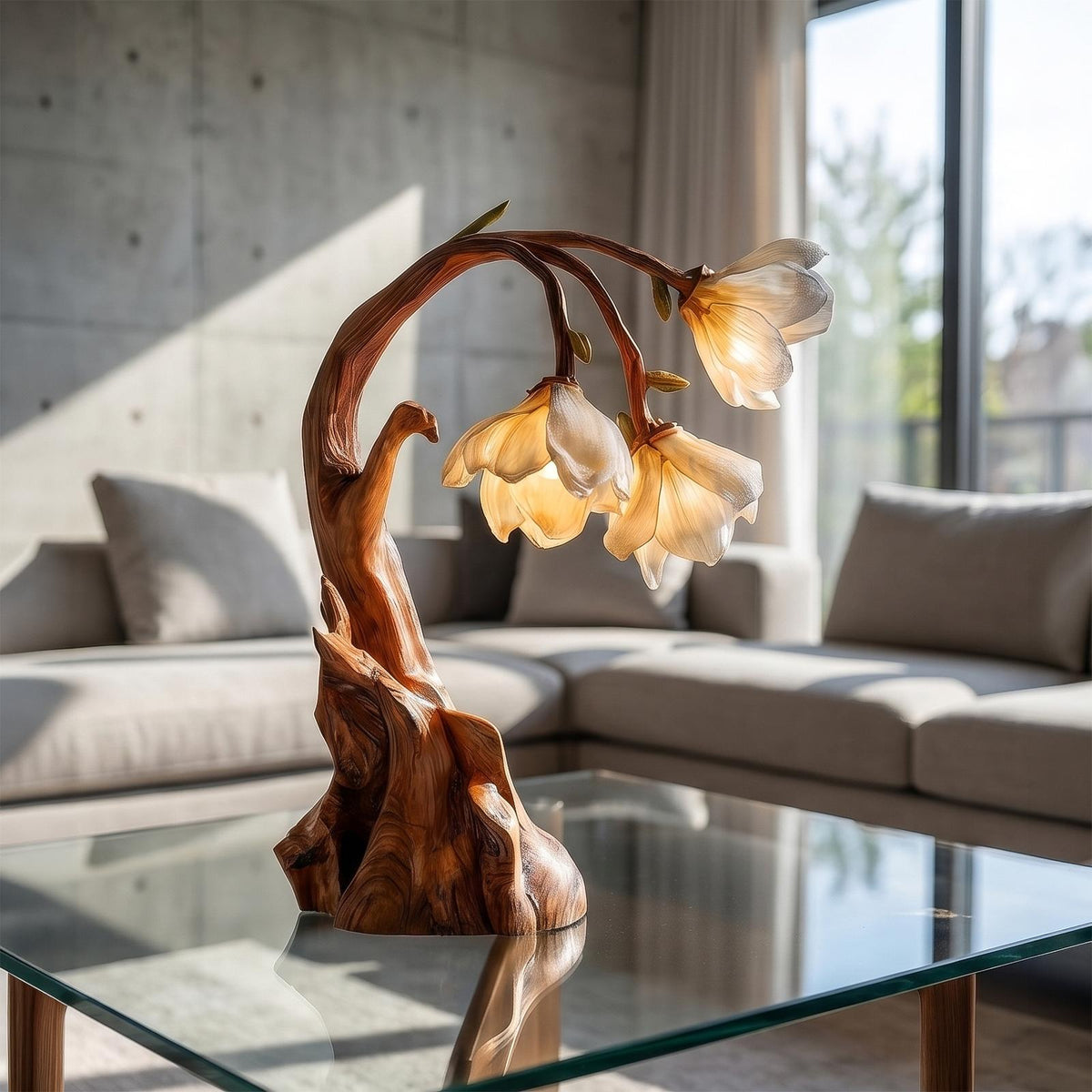 Contemporary Floral Table Lamp with Sculptural Solid Wood Base, Modern Bedside Desk Nightstand Lamp for Bedroom