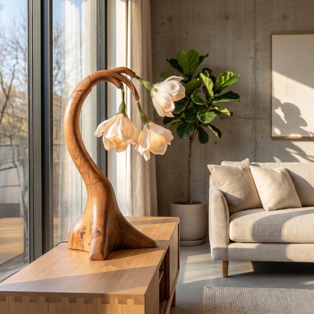 Modern Floral Table Lamp with Sculptural Curved Wood Base, Elegant Bedside Desk Nightstand Reading Light