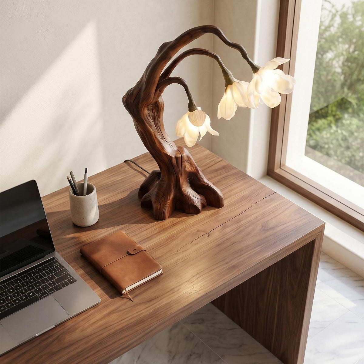 Modern Floral Table Lamp with Sculptural Driftwood Base, Handcrafted Wood Bedside Desk Nightstand Night Light