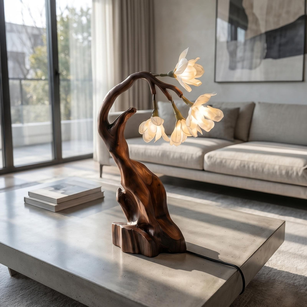 Contemporary Floral Table Lamp with Twisted Solid Wood Base, Elegant Bedside Desk Nightstand Light For Living Room