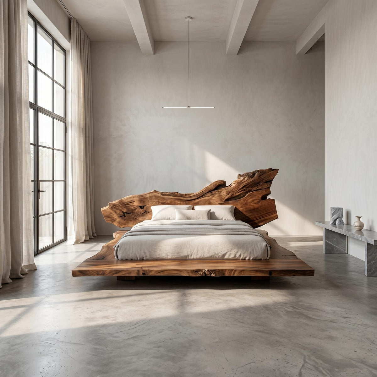 Spry Interior Modern Bed Frame with Live Edge Headboard, Handcrafted Solid Wood Platform Bed Frame, King Queen Bedroom Bed Furniture, SINLSAWB130