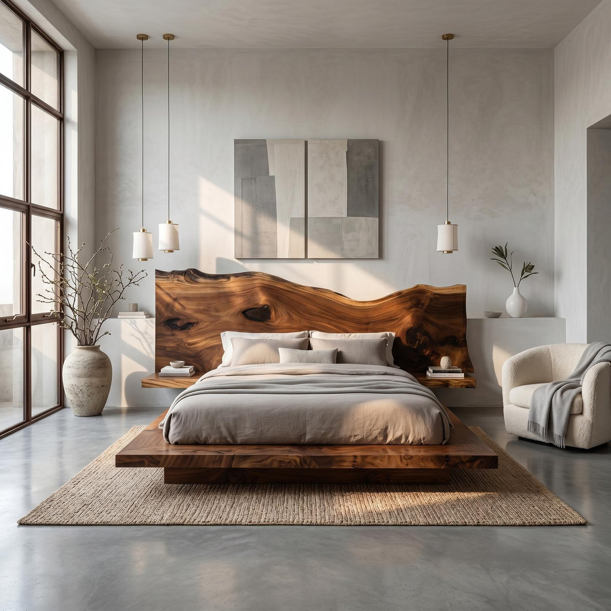Spry Interior Modern Solid Wood Bed Frame, Handcrafted Floating Platform Bed Frame with Headboard, Bedroom Furniture King Queen Size, SINLSAWB134