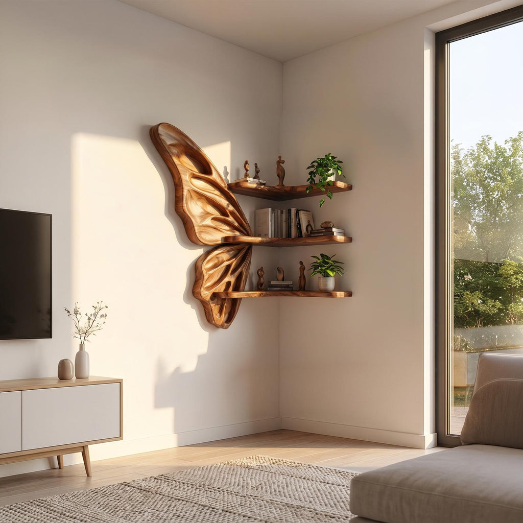 Organic Butterfly Wooden Wall Shelf, Handcrafted Floating Display Tiered Rack for Nursery, Bedroom & Living Room Decorative Storage
