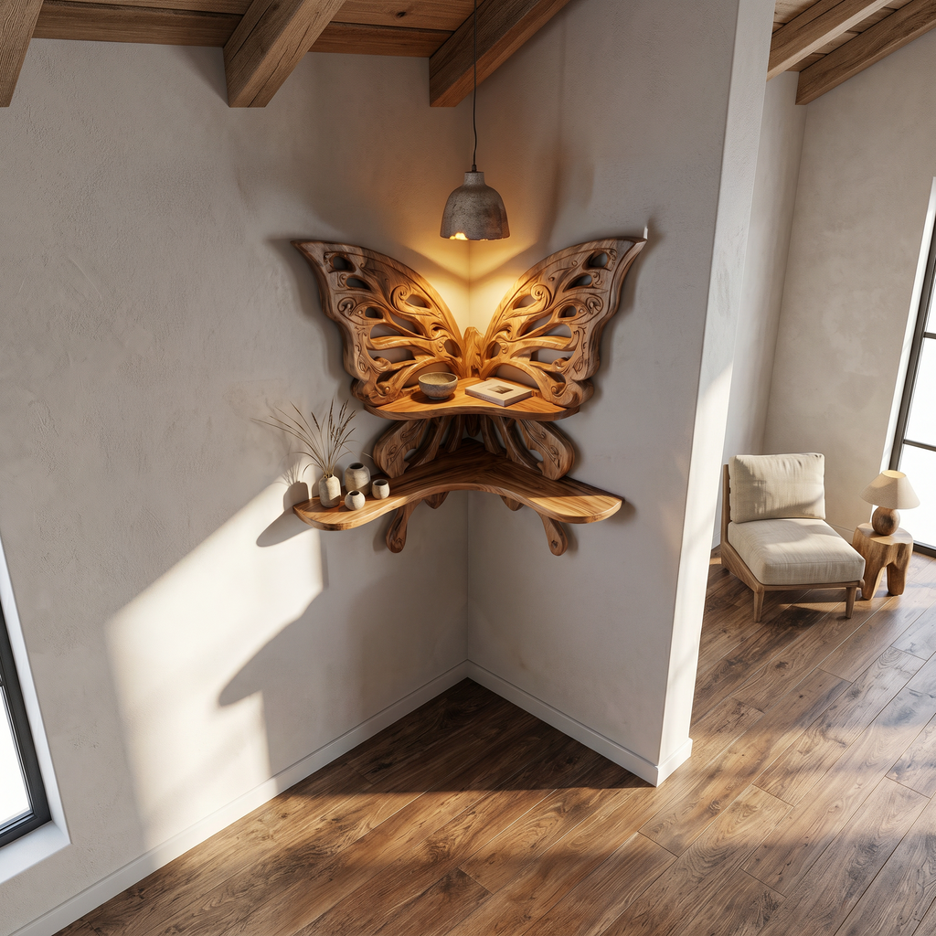 Butterfly-Inspired Floating Shelf, Sculptural Live Edge Wood Wall Shelf for Living Room, Bedroom & Entryway Decor