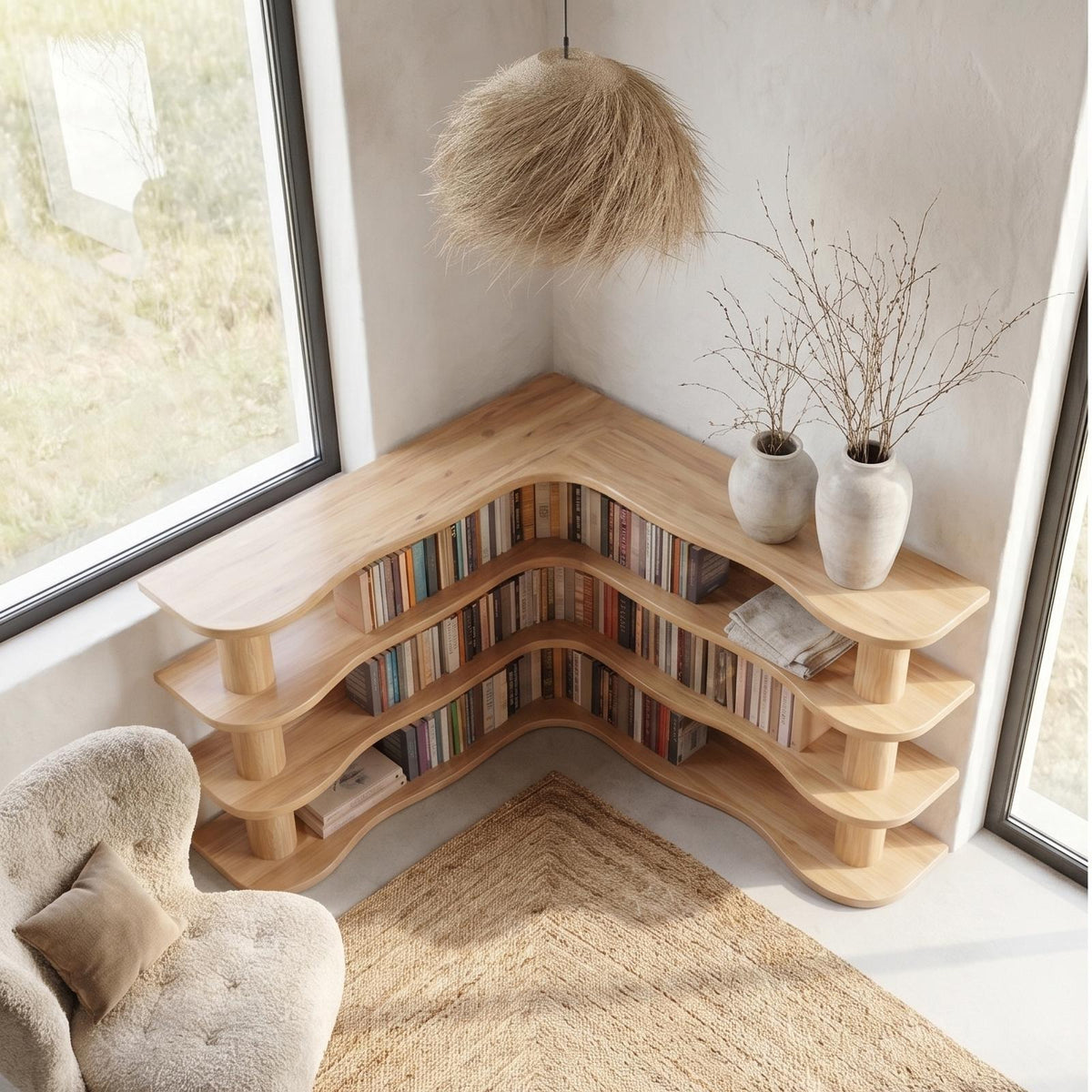 Scandinavian Corner Bookshelf, Rounded Multi-Tier Solid Wood Open Display Shelves for Bedroom