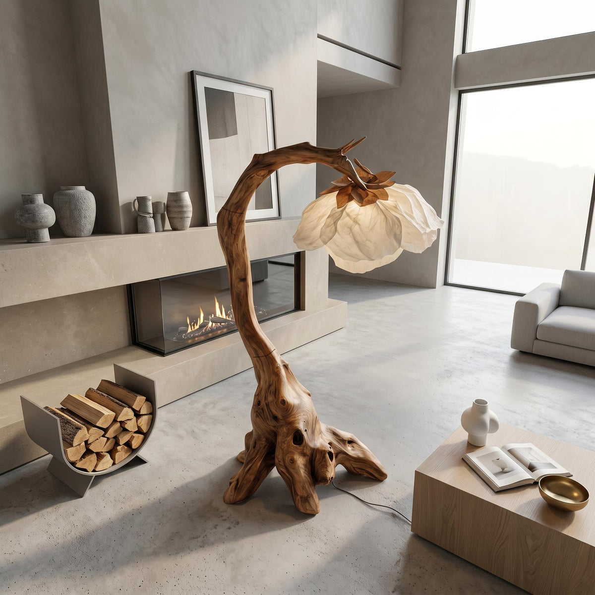 Organic Floor Lamp, Sculptural Tree Branch Wood Standing Lamp for Bedroom, Study & Reading Nook